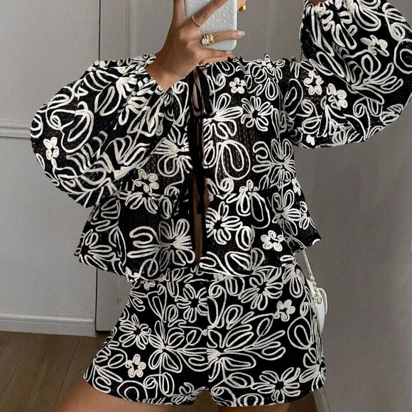 Black white Casual Women's boho Style Long Sleeve blouse With Shorts Set - Picture 1 of 6